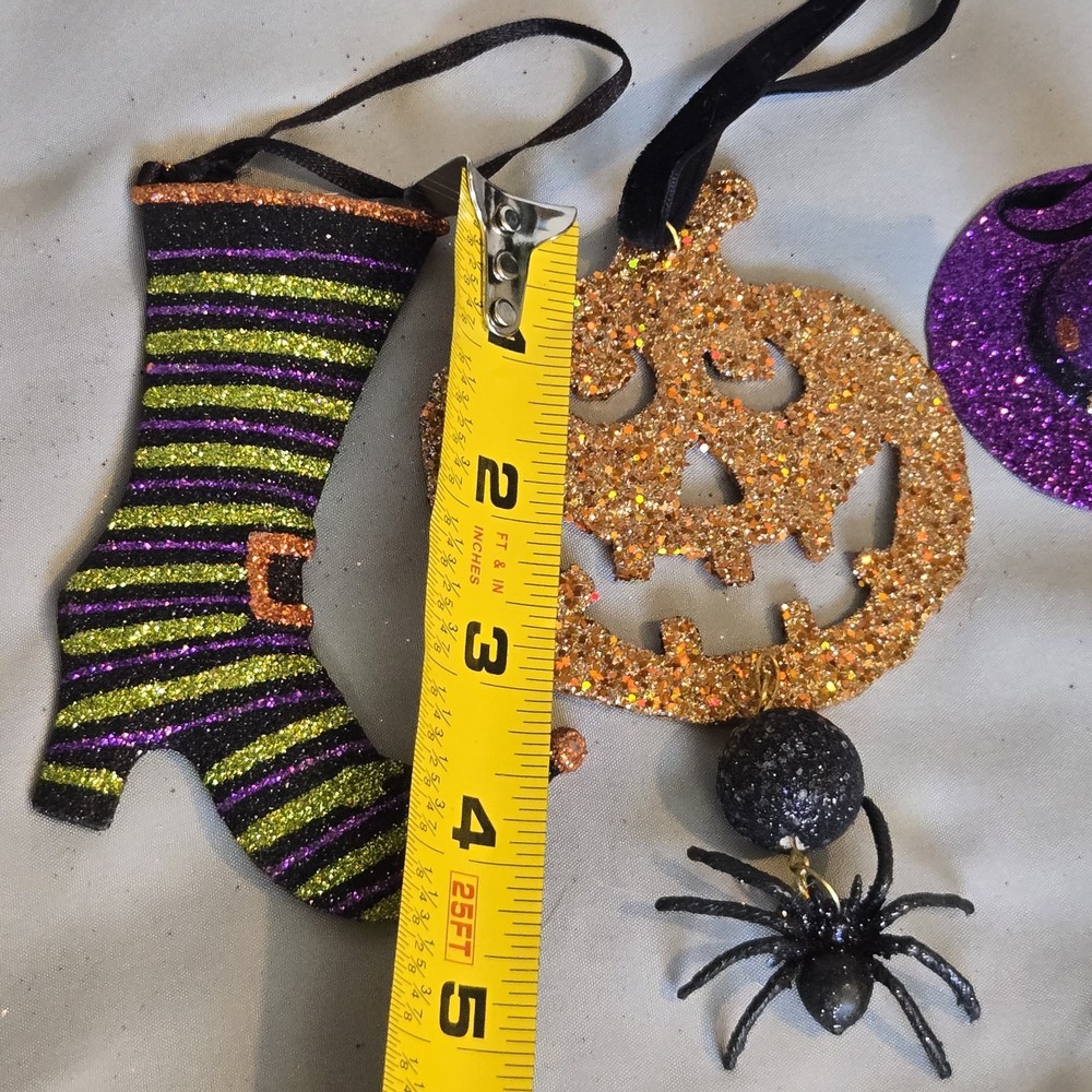 Halloween Glitter Ornament Lot Witch Boot Hat Jack O Lantern Spider Set of 3 - Picture 2 of 8